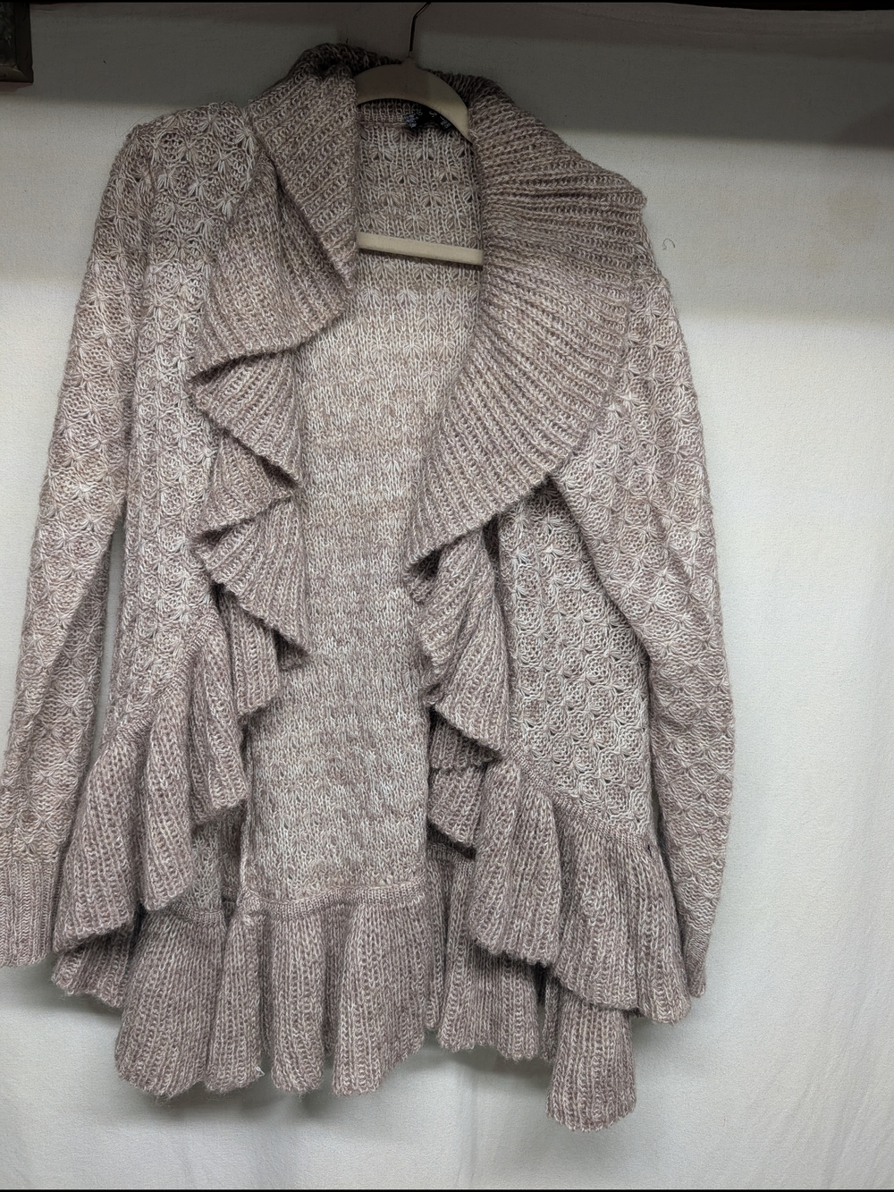 Cozy Ruffle Open-Front Sweater Cardigan - Taupe